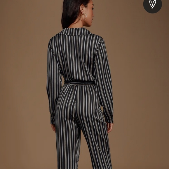 Lulus Dreamstate Black n Blue Striped long sleeve jumpsuit - Picture 2 of 11